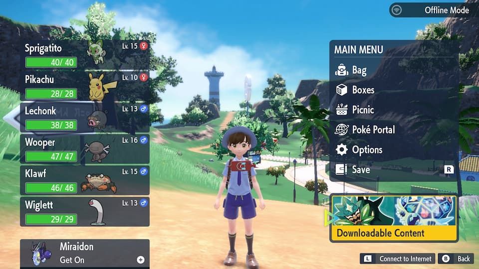 Hoofdmenu van Pokémon Scarlet/Violet met knop naar DLC