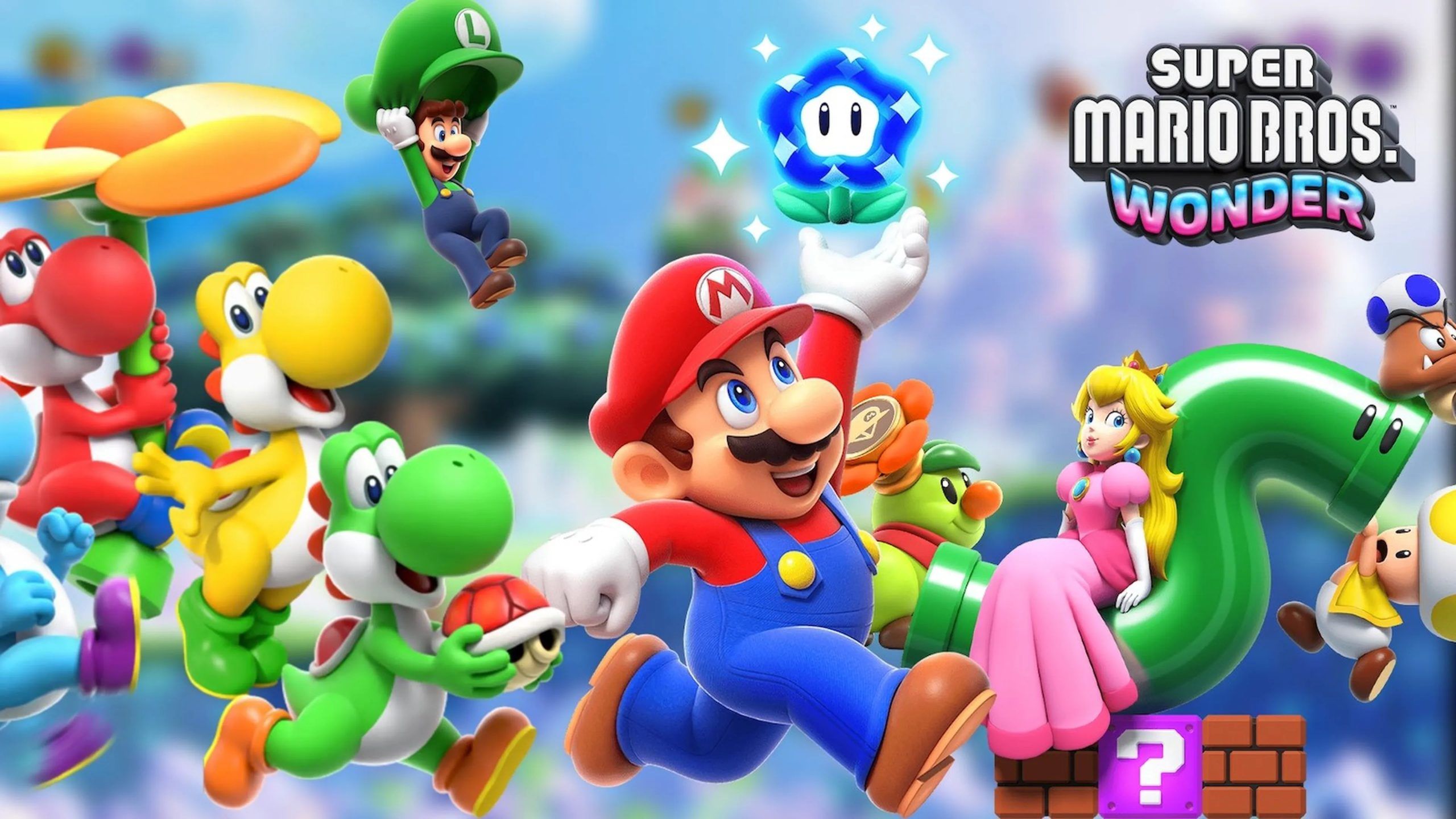 Promotieafbeelding voor Super Mario Bros. Wonder met o.a. Super Mario, Peach en Yoshi die achter een Wonderbloem aan rennen